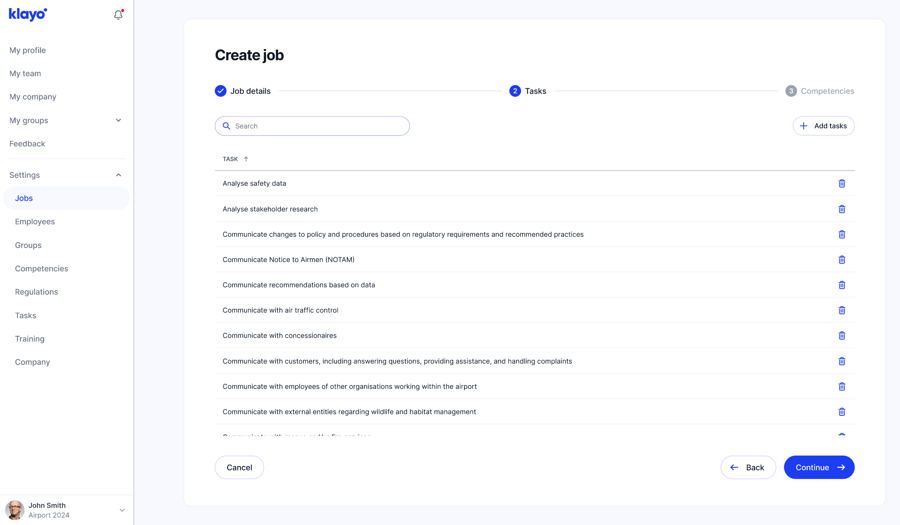 Klayo Job Benchmarking Job Tasks